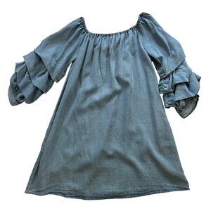 Zara Woman Blue Off-Shoulder Puff Layered Sleeve Denim Lyocell Dress M Chic Boho